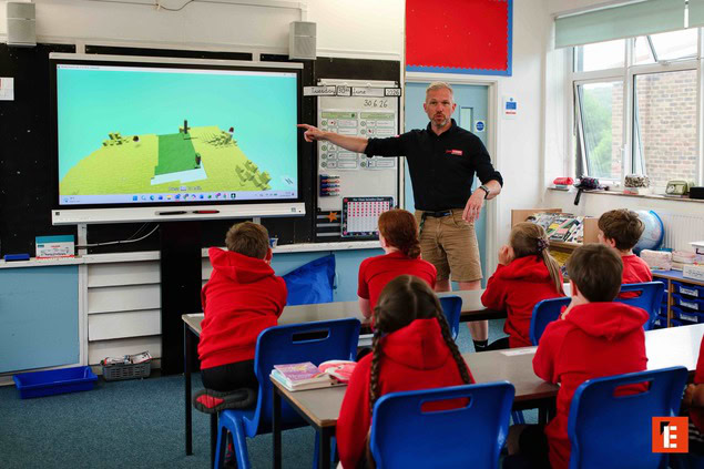 primary pupils engaged with interactive digital display