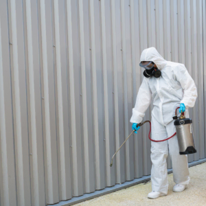 pulvérisation de désinfectant en tenue de protection