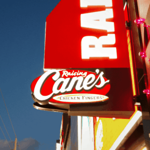 raising canes illuminated storefront sign at dusk