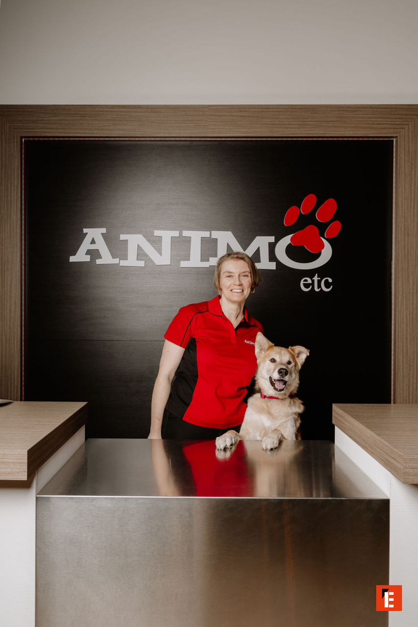 réceptionniste souriante et chien à la clinique vétérinaire animo