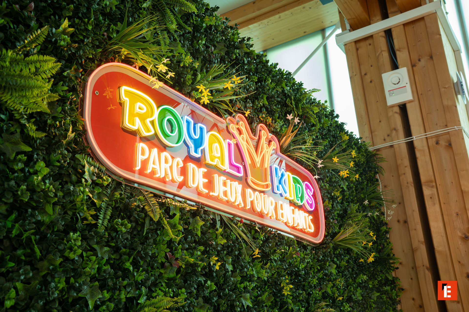 panneau néon royal kids sur mur végétal