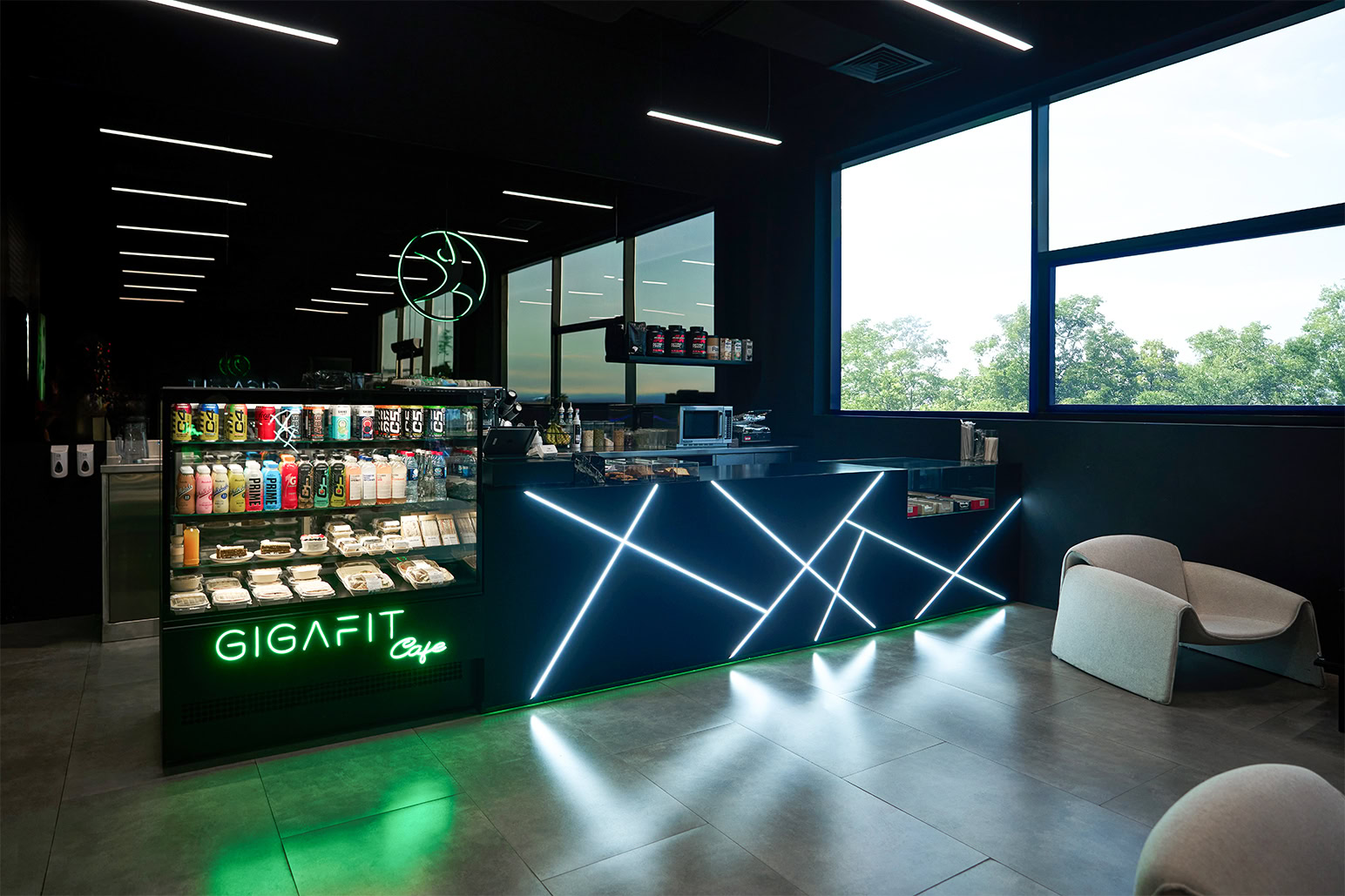 café gigafit moderne avec vitrine réfrigérée et led