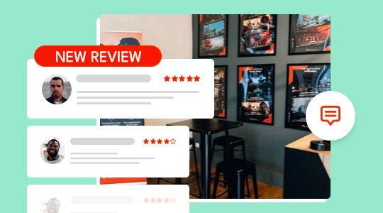 cafe interior with five star review overlay