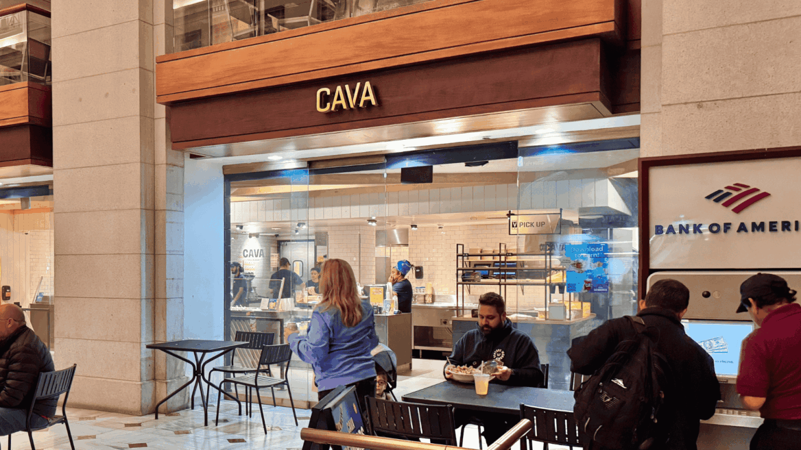 cava restaurant in mall atrium with seating