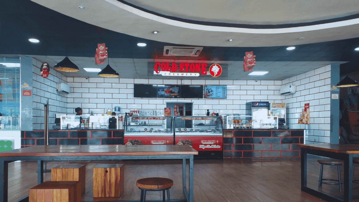 bright modern ice cream counter with communal table