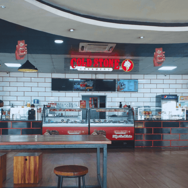 bright modern ice cream counter with communal table