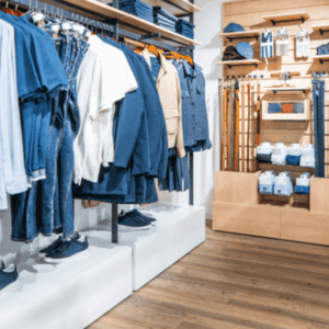 interior de tienda de ropa azul y madera