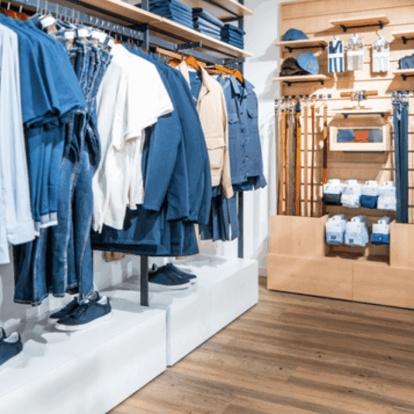 interior de tienda de ropa azul y madera