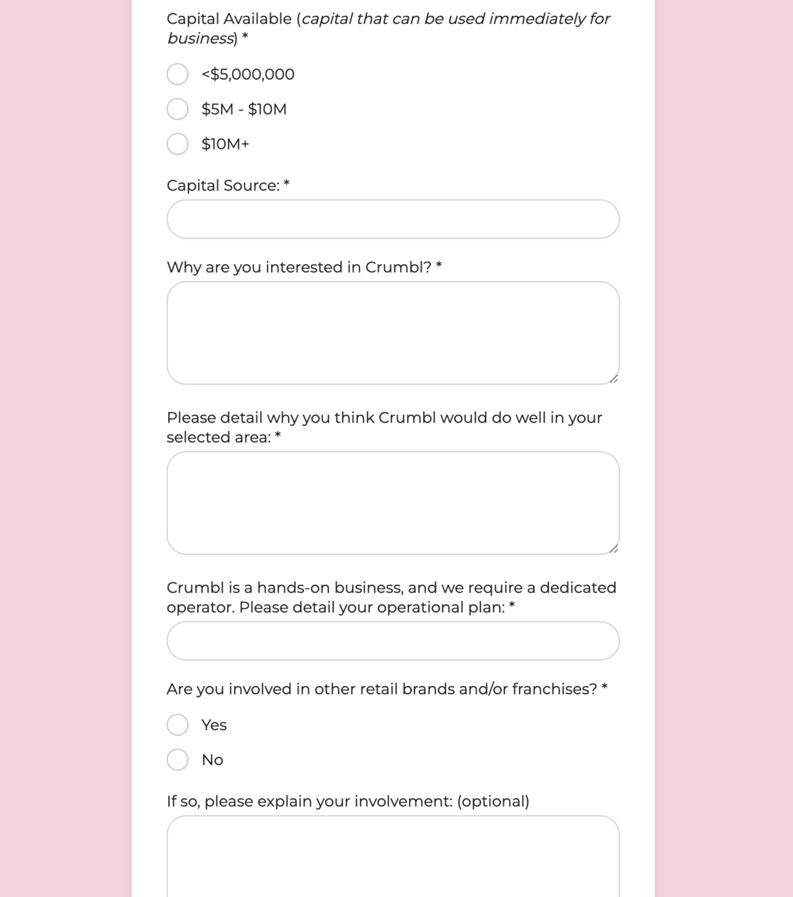 modulo franchising crumbl: capitale e piano operativo