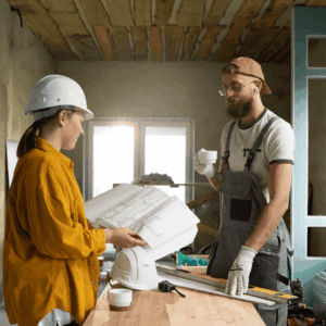 trabajadores revisan planos en reforma interior