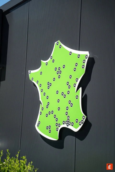 panneau vert néon en forme de carte sur mur métallique