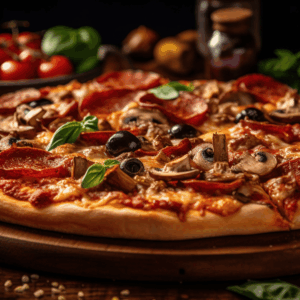 pizza artesanal con pepperoni y masa rústica