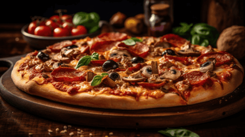 pizza artesanal con pepperoni y masa rústica