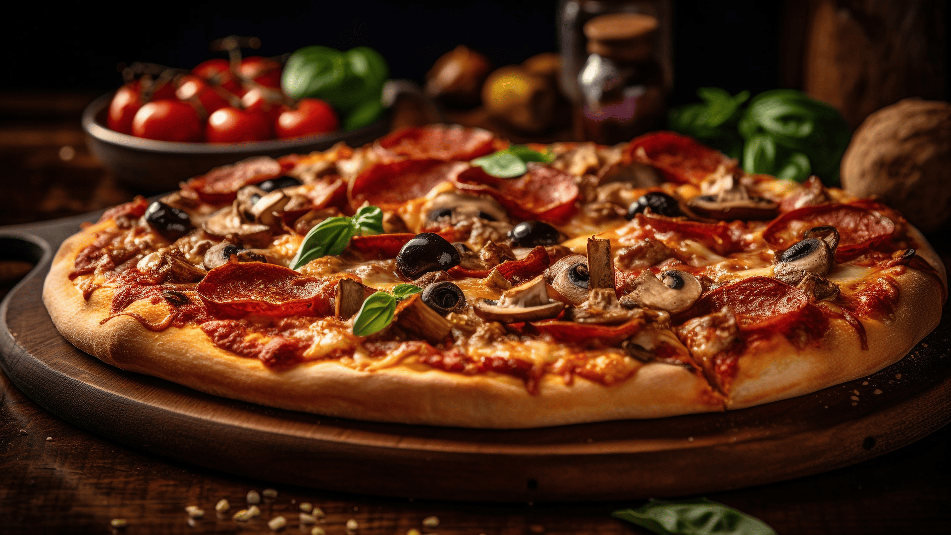 pizza artesanal con pepperoni y masa rústica