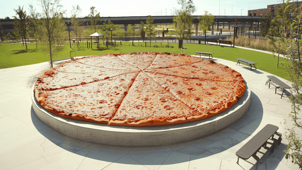 pizza gigante de pepperoni en plaza pública