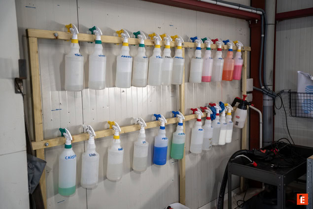 rangement organisé de bouteilles spray colorées