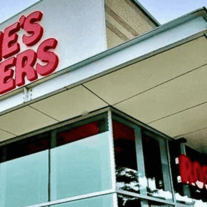 rosies burgers red sign on modern storefront