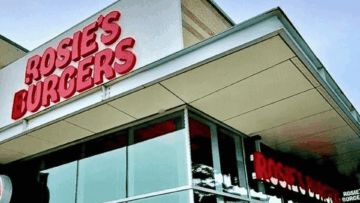 rosies burgers red sign on modern storefront