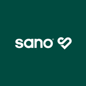 logo sano blanco: corazón y marca de verificación verde