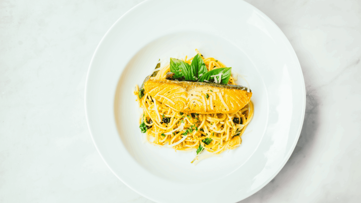 crispy seared fish with basil parmesan pasta