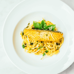 crispy seared fish with basil parmesan pasta