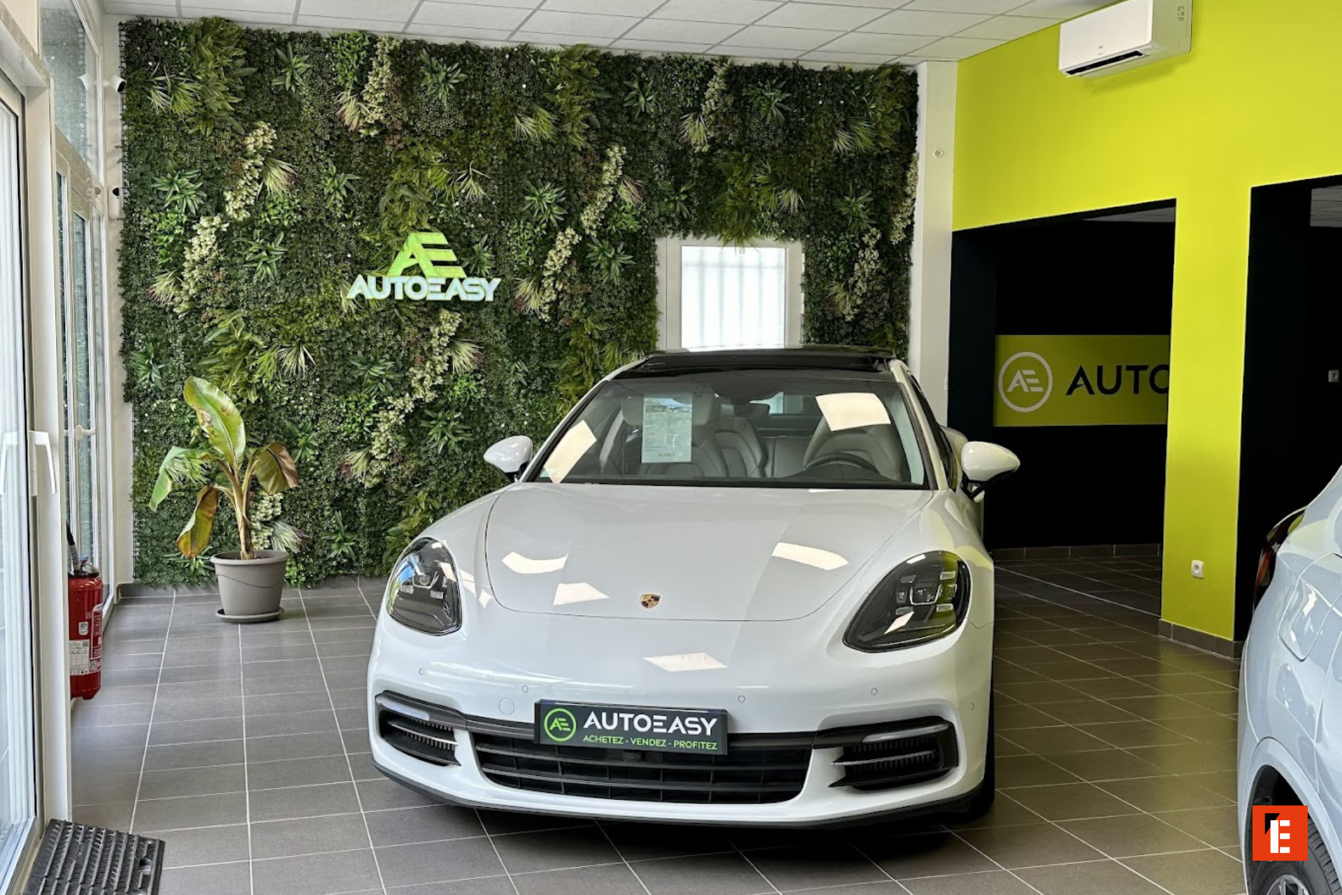 showroom autoeasy : voiture de luxe blanche et mur végétal