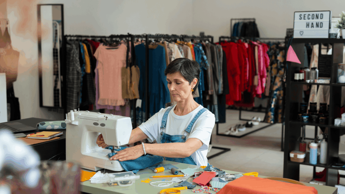 costurera reparando vaquero en tienda de segunda mano
