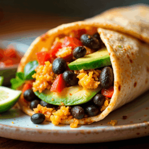 burrito mexicano de arroz, frijoles y aguacate