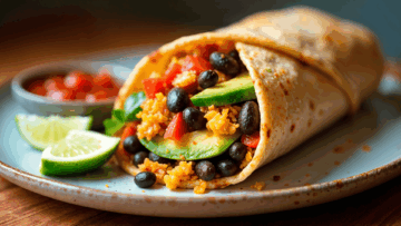 burrito mexicano de arroz, frijoles y aguacate