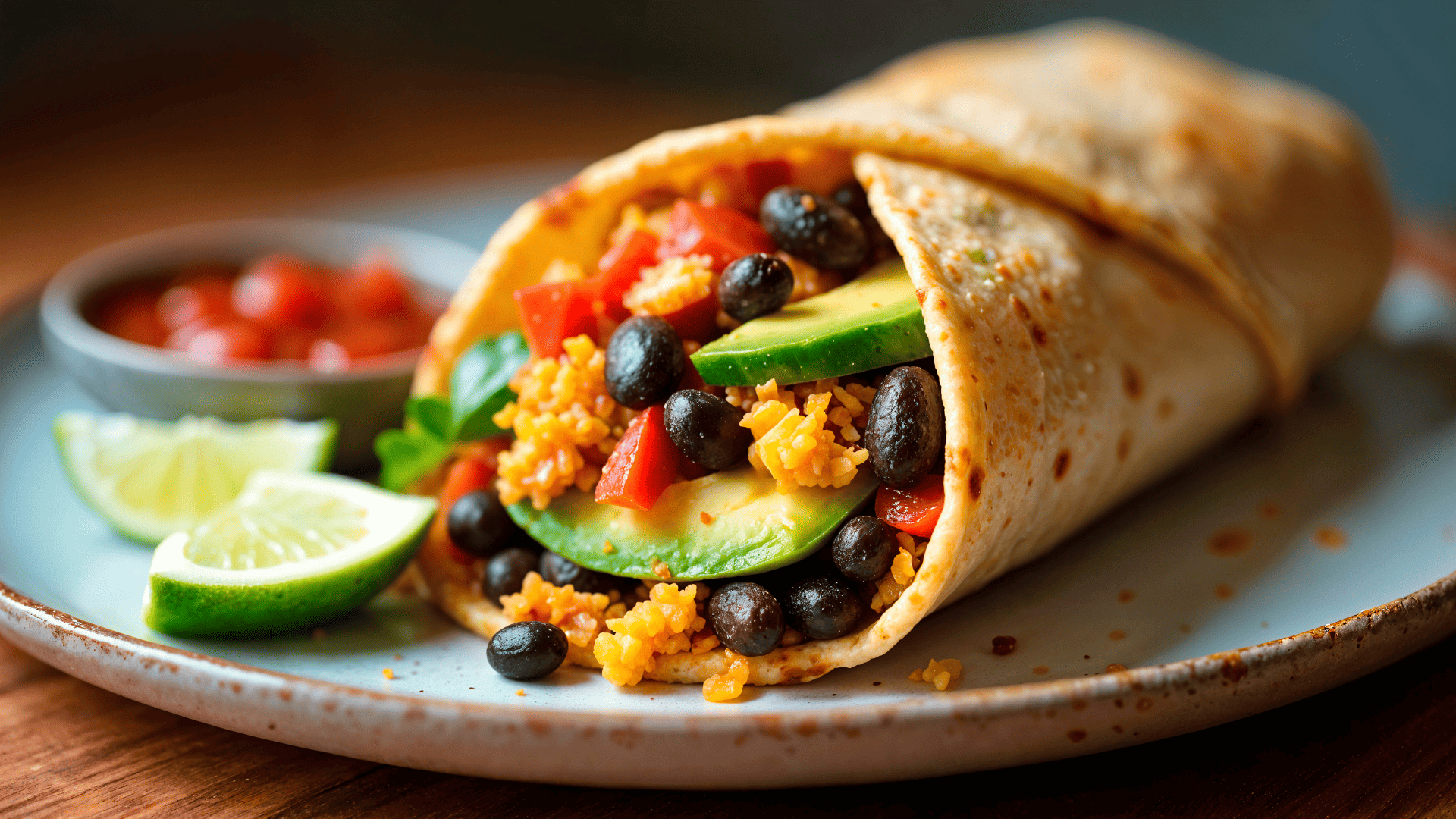 burrito mexicano de arroz, frijoles y aguacate
