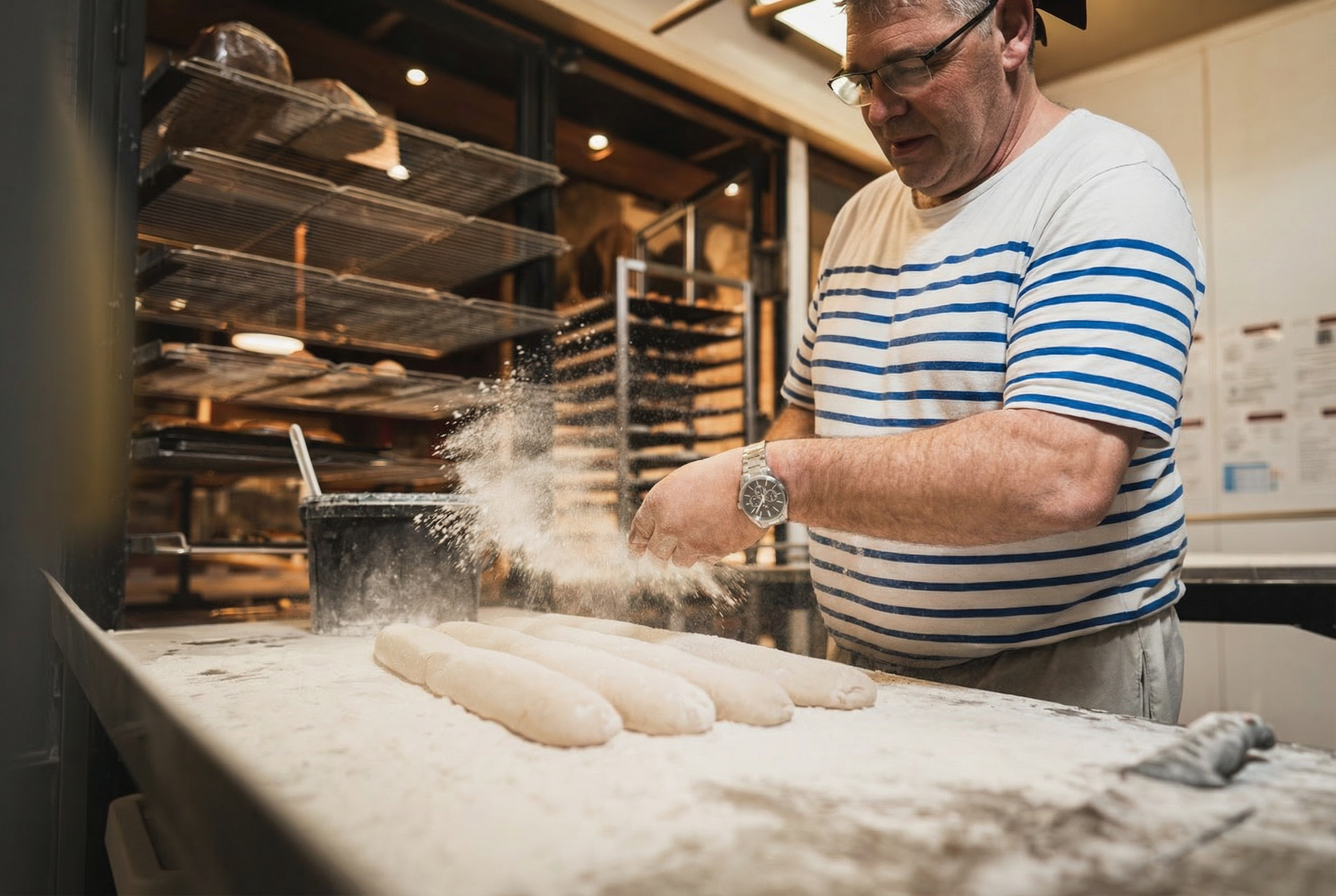 boulanger saupoudrant de farine sur pâtons