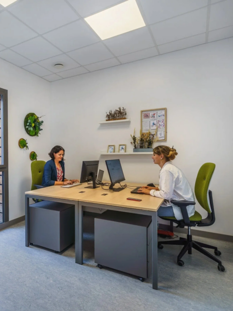 bureau partagé moderne deux postes chaises vertes