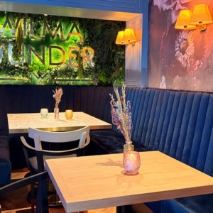 moderne café ecke mit samtbanquette und begrünter wand