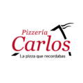 logo de pizzería carlos: marca roja y símbolo negro