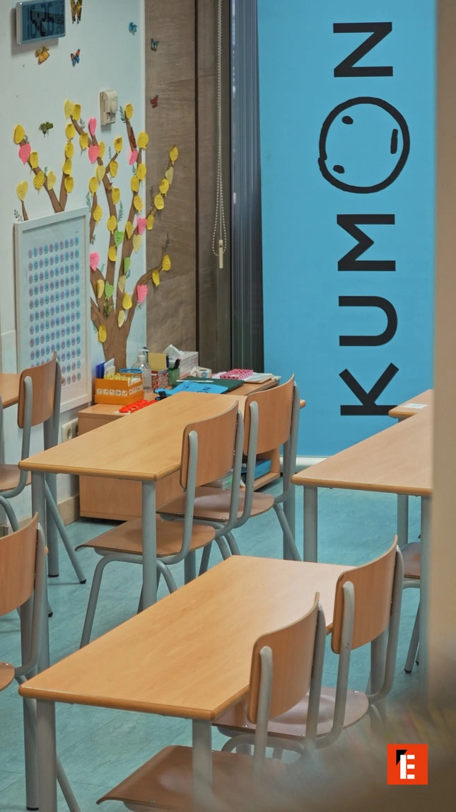 kumon tutoring classroom with child sized desks