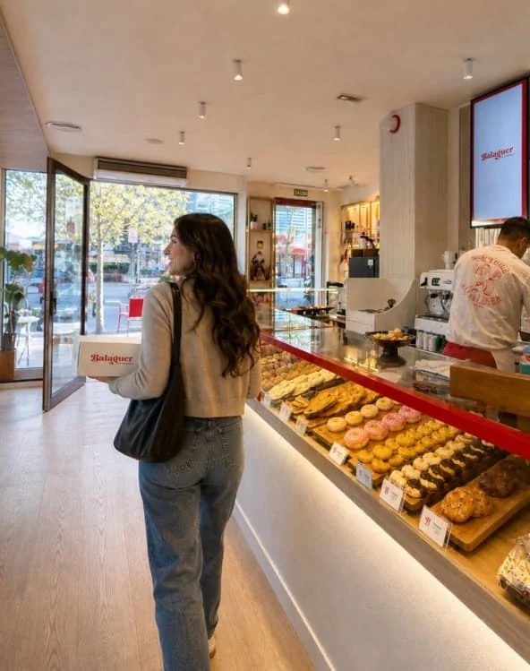 cliente con caja de donuts y pasteles en cafetería moderna
