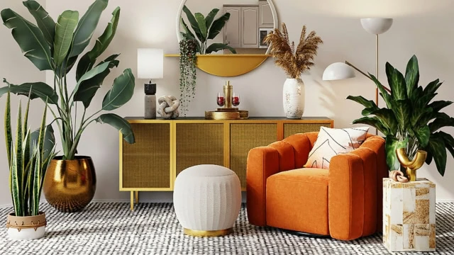 salon bohème chic: fauteuil velours orange et console moutarde