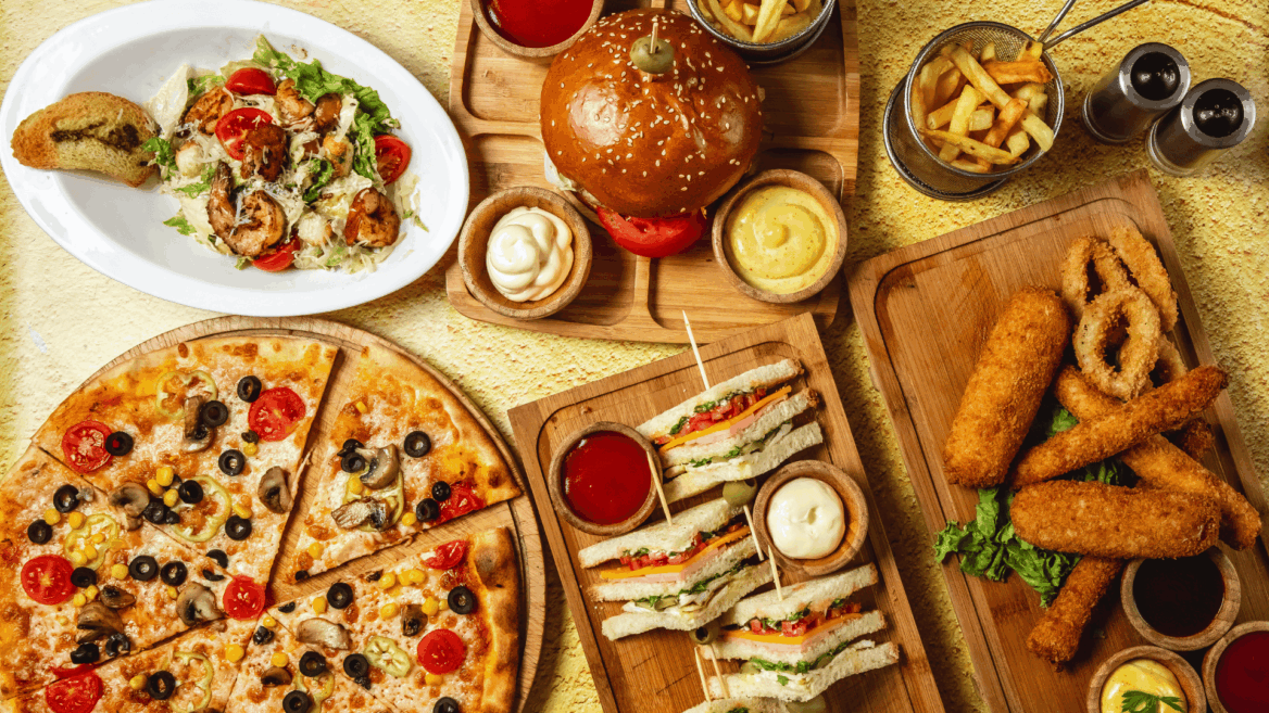 banquete casual: pizza, hamburguesa y aperitivos