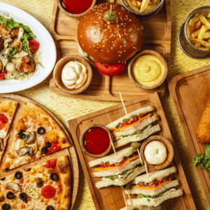 banquete casual: pizza, hamburguesa y aperitivos