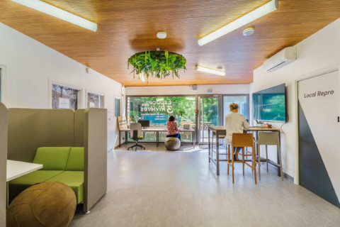 espace coworking moderne lumineux avec végétation suspendue