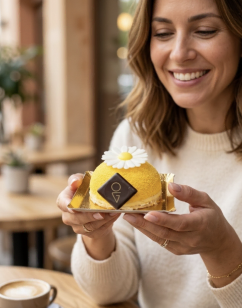 donna sorridente con mousse gialla in caffetteria