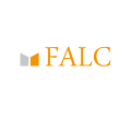 falc logo orange: dreiteiliges symbol und serifenschrift