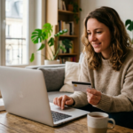 femme souriante achète en ligne dans un salon cosy