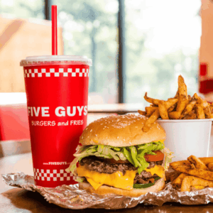 hamburguesa doble con queso, papas rústicas y refresco