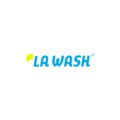 logo la wash azul y amarillo, lavandería y autolavado