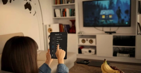 tablet controlled smart tv in cozy living room