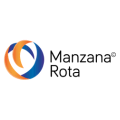 logotipo manzana rota: emblema circular naranja y azul