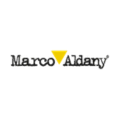 logotipo marco aldany con triángulo amarillo