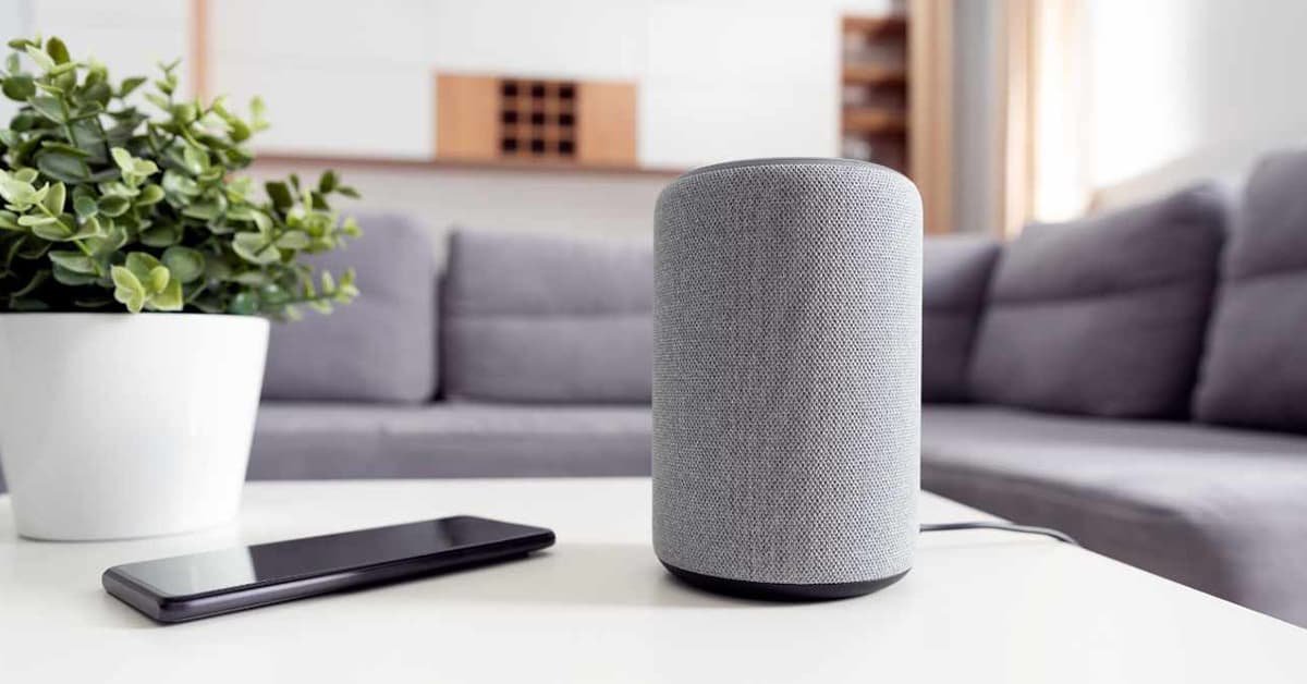 smart speaker on coffee table in modern living room