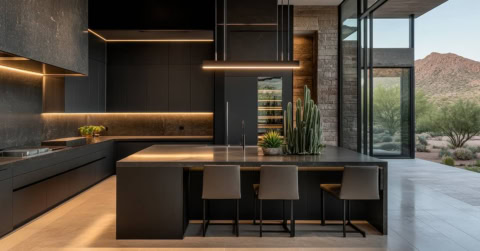 modern dark kitchen with desert view
